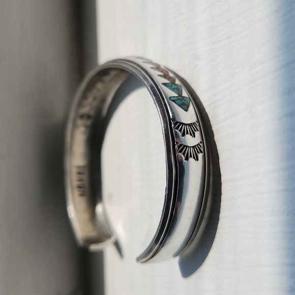 Vintage Nakai Silver Turquise and Coral Inlay Bracelet - Picture 10 of 12